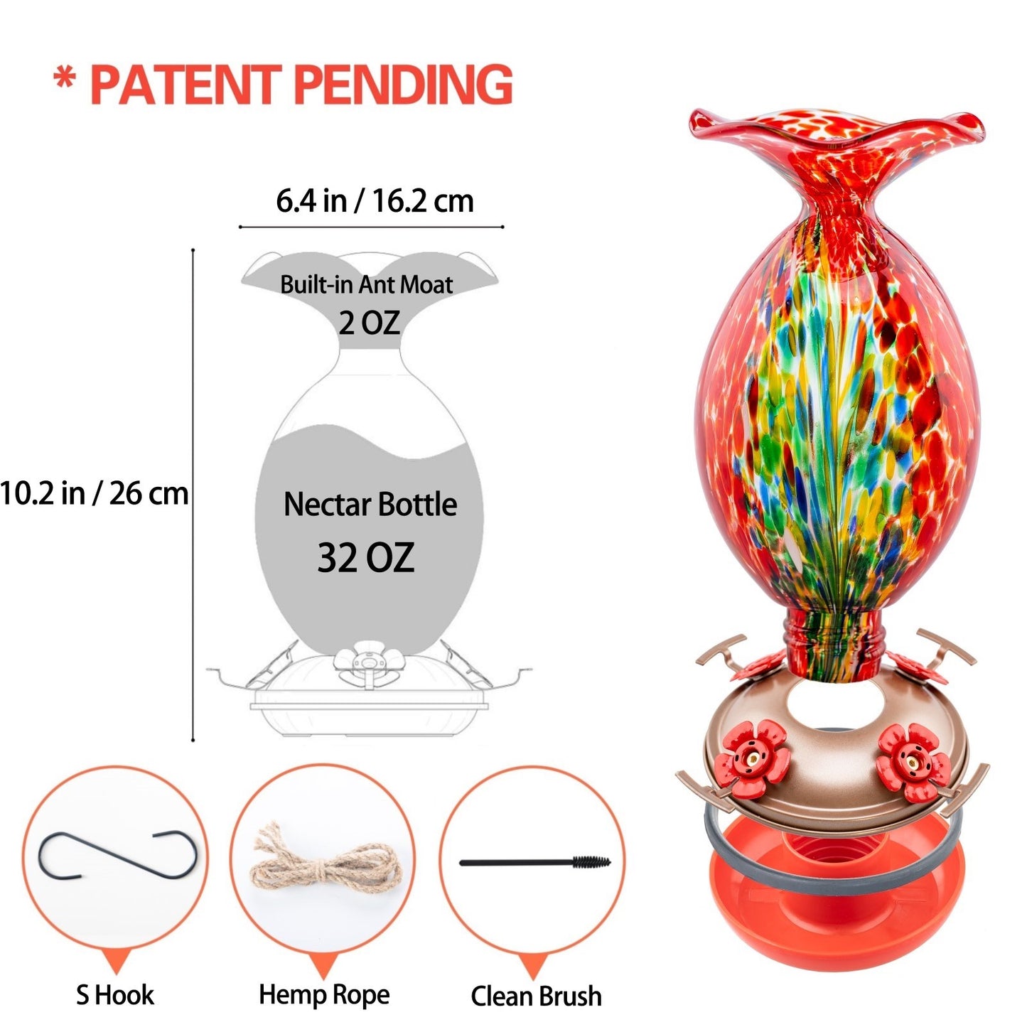 Muse Garden Hand Blown Glass Hummingbird Feeder, 32 Ounces, Red Phoenix