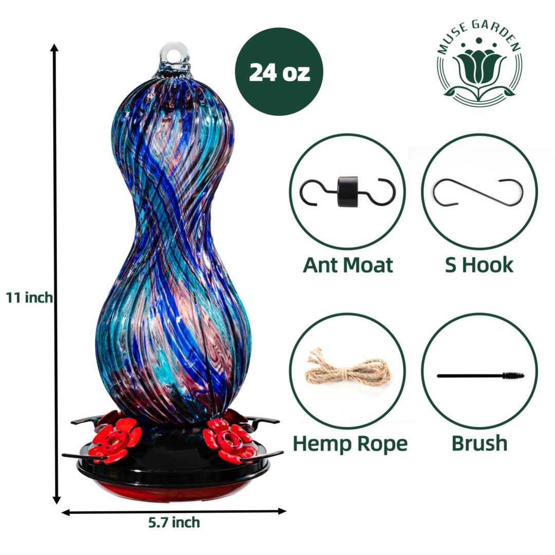 Muse Garden Hand Blown Glass Hummingbird Feeder, 24 OZ, Gifts for Mom, Green
