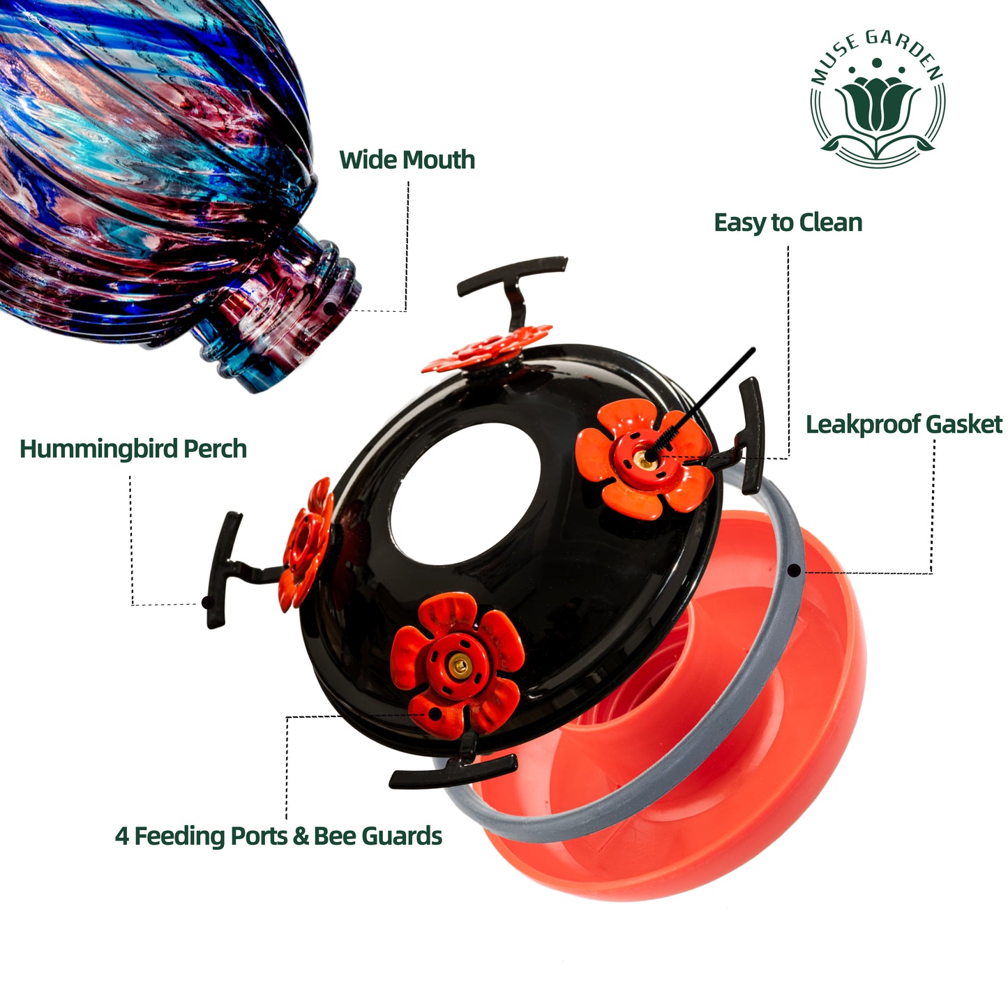 Muse Garden Hand Blown Glass Hummingbird Feeder, 24 OZ, Gifts for Mom
