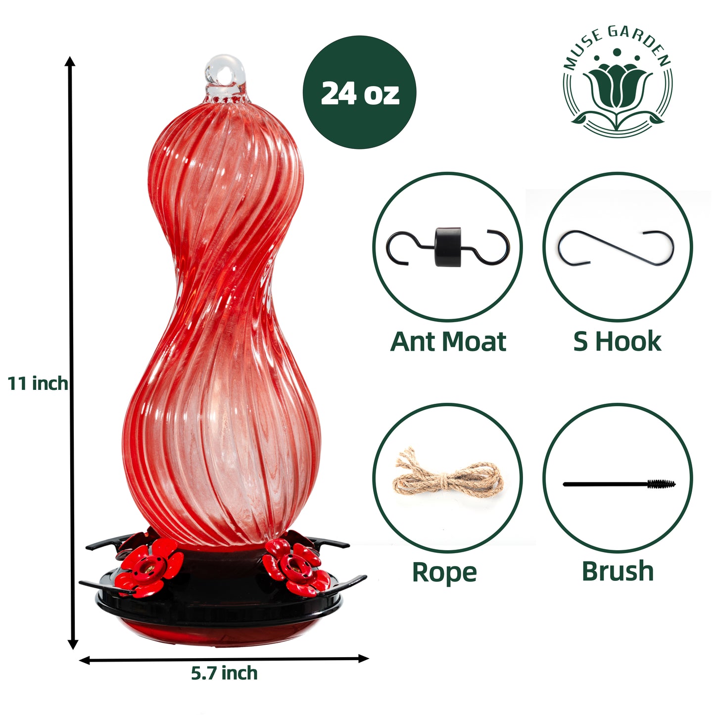 Muse Garden Hand Blown Glass Hummingbird Feeder, 24 OZ, Gifts for Mom, Red