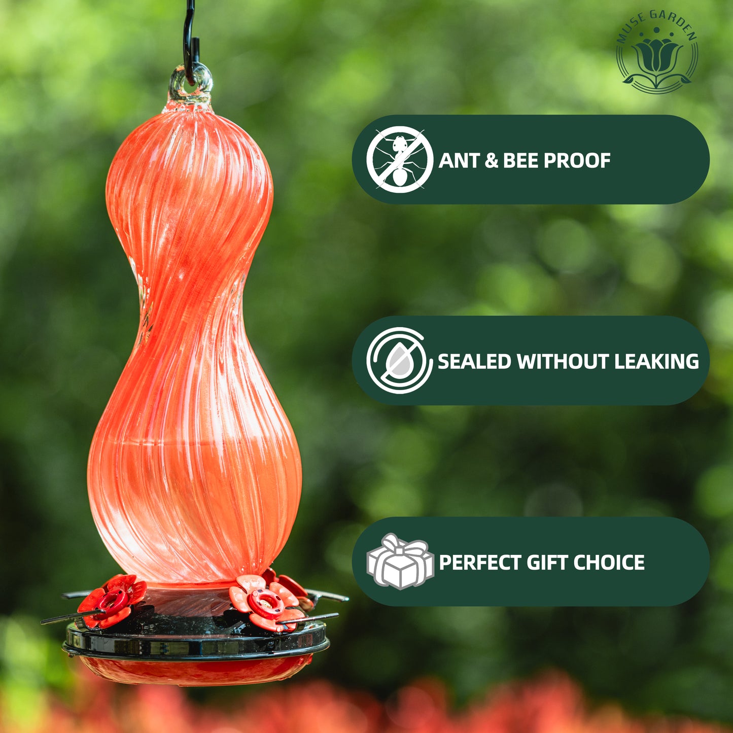 Muse Garden Hand Blown Glass Hummingbird Feeder, 24 OZ, Gifts for Mom, Red