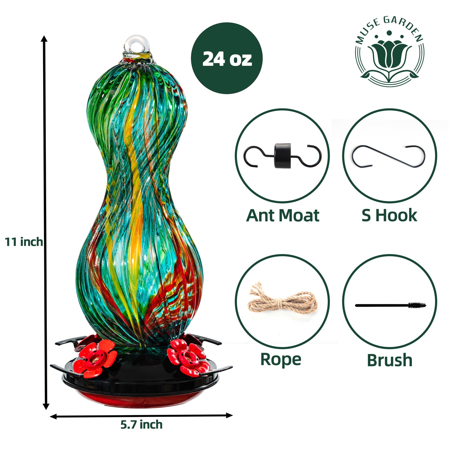 Muse Garden Hand Blown Glass Hummingbird Feeder, 24 OZ, Gifts for Mom, Green