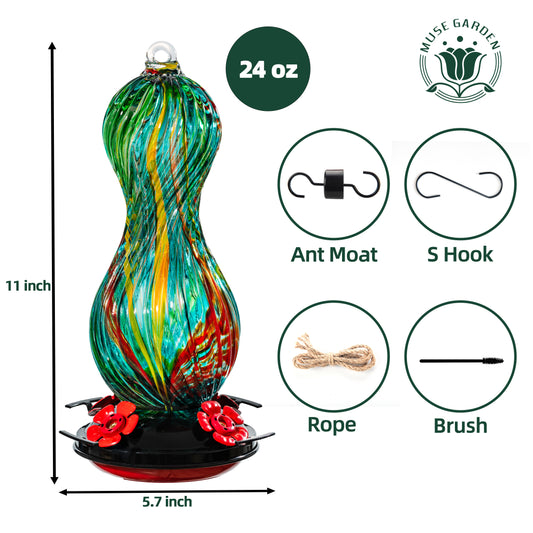 Muse Garden Hand Blown Glass Hummingbird Feeder, 24 OZ, Gifts for Mom, Green