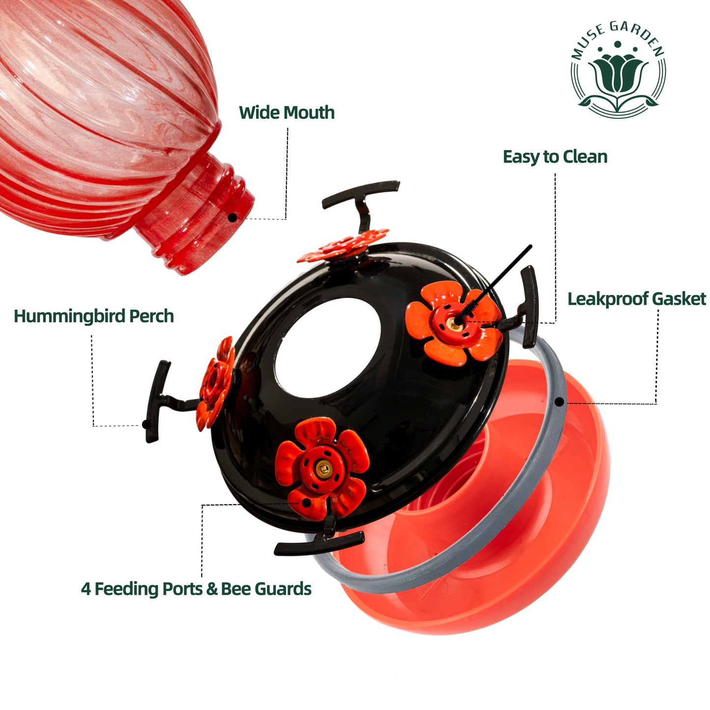 Muse Garden Hand Blown Glass Hummingbird Feeder, 24 OZ, Gifts for Mom, Red