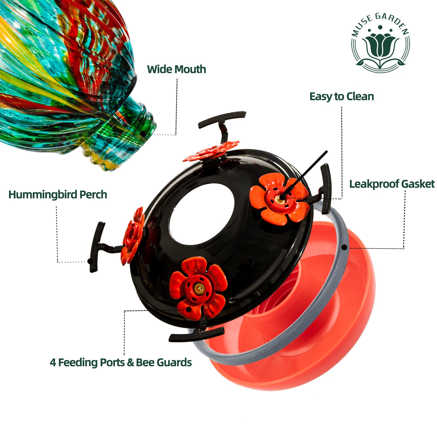 Muse Garden Hand Blown Glass Hummingbird Feeder, 24 OZ, Gifts for Mom, Green