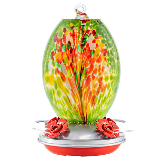 Muse Garden Hand Blown Glass Hummingbird Feeder, 27 Ounces,  27 Ounces, Unique Gift for Mom Women, Outdoors Hanging Garden Decor, Includes Ant Moat & Brush,Green Floral