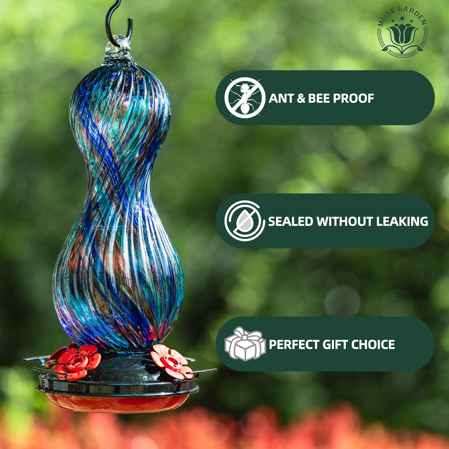 Muse Garden Hand Blown Glass Hummingbird Feeder, 24 OZ, Gifts for Mom