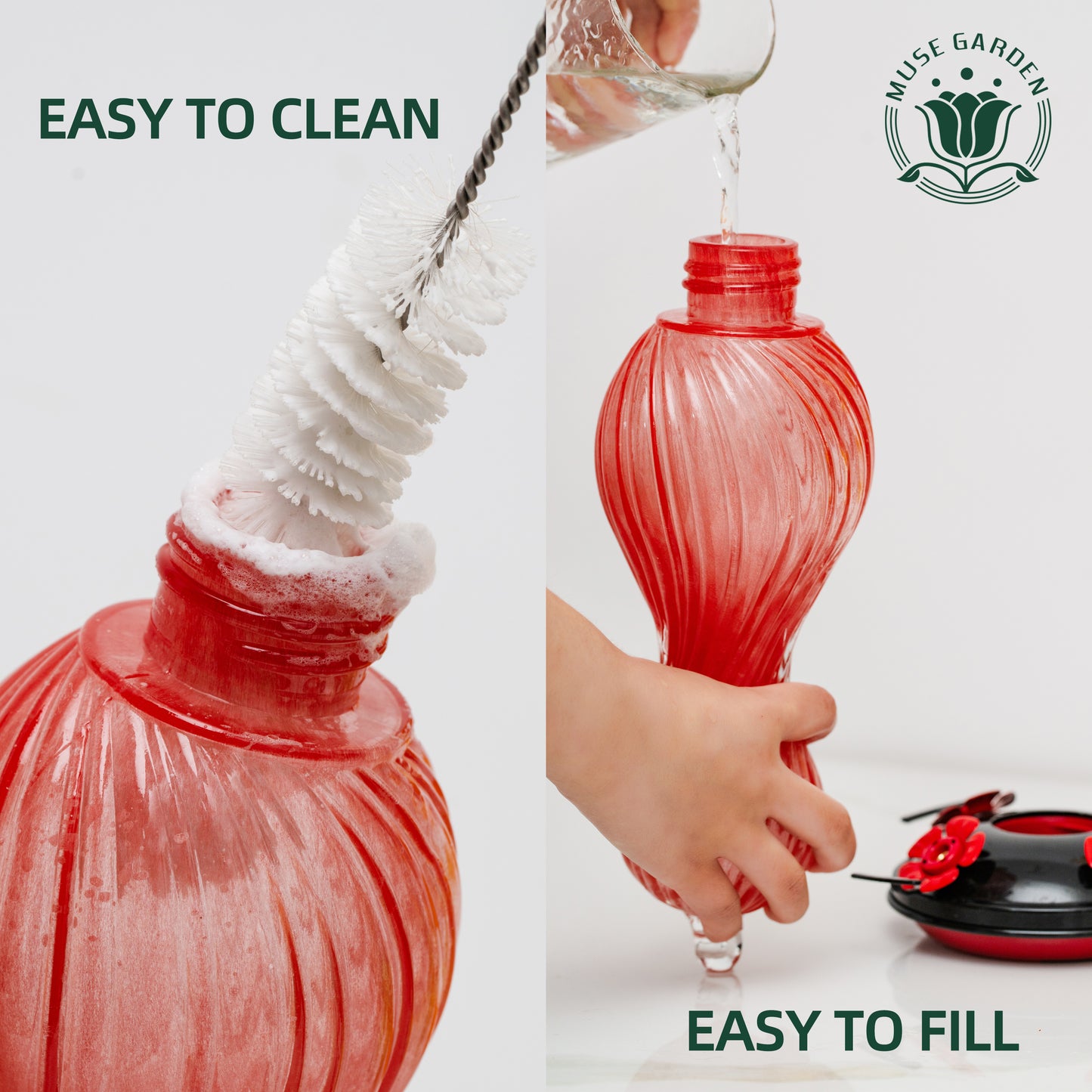 Muse Garden Hand Blown Glass Hummingbird Feeder, 24 OZ, Gifts for Mom, Red