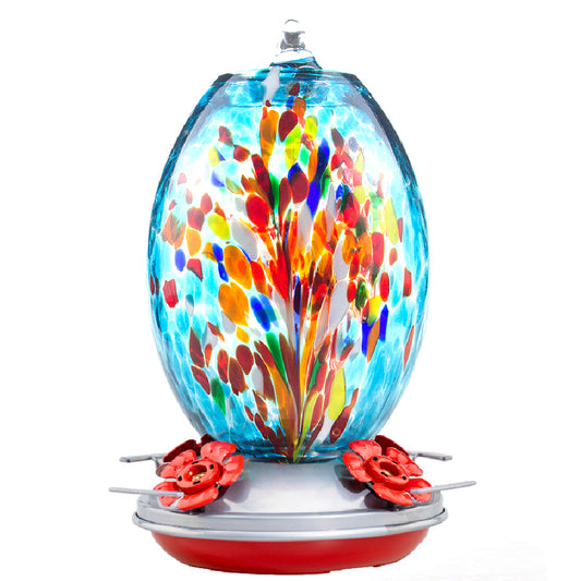 Muse Garden Hand Blown Glass Hummingbird Feeder  - 27 Ounces - Fireworks