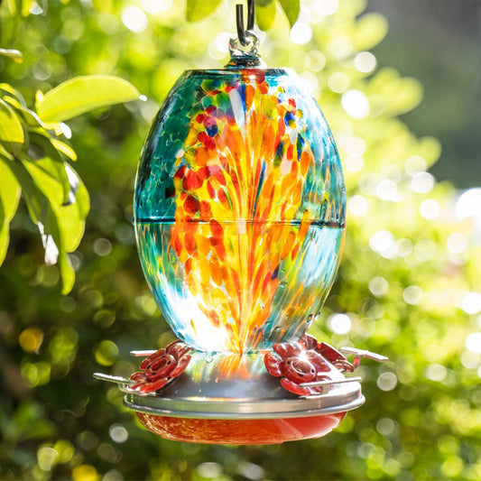 Muse Garden Hand Blown Glass Hummingbird Feeder  - 27 Ounces - Fireworks