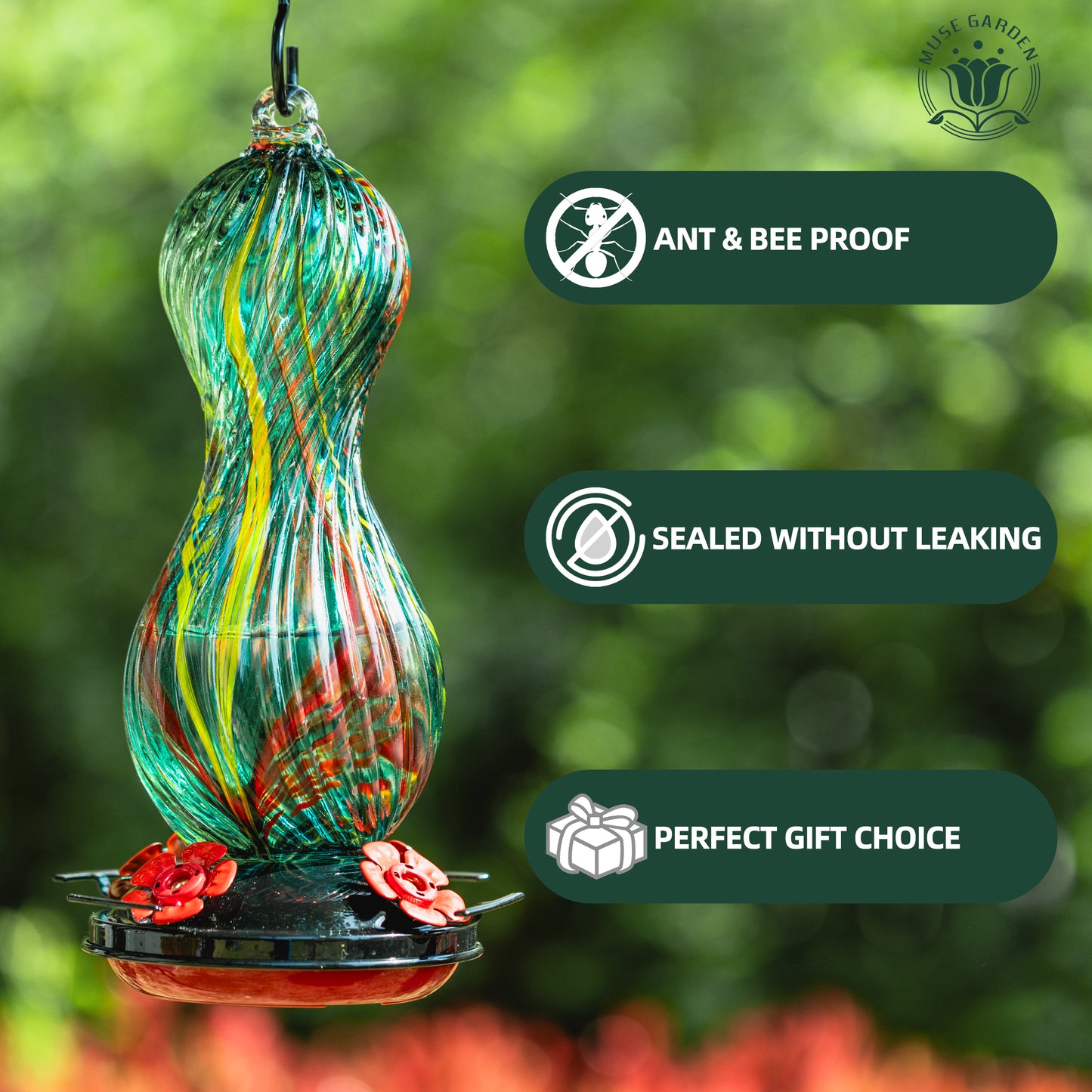 Muse Garden Hand Blown Glass Hummingbird Feeder, 24 OZ, Gifts for Mom, Green