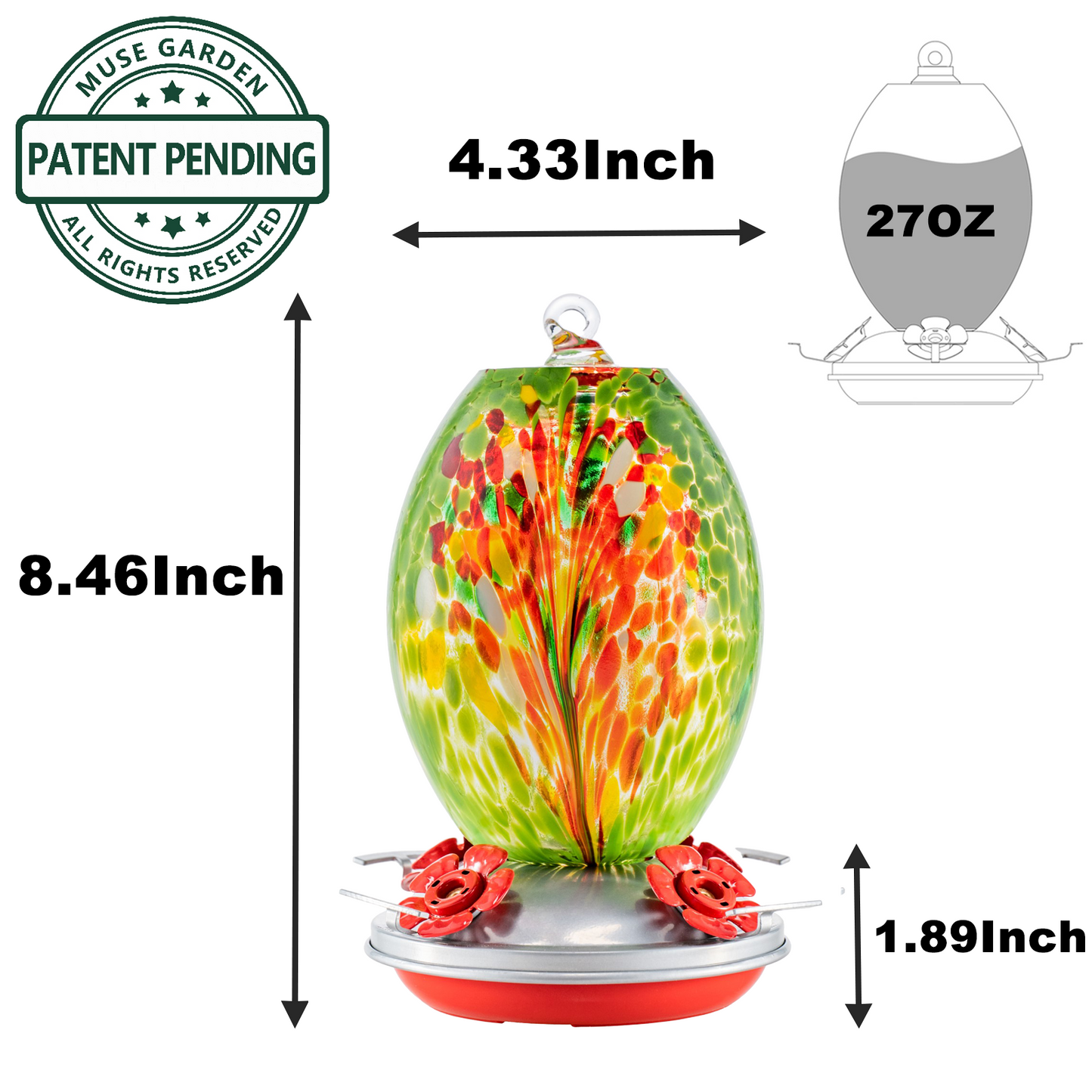 Muse Garden Hand Blown Glass Hummingbird Feeder, 27 Ounces, 27 Ounces, Unique Gift for Mom Women, Outdoors Hanging Garden Decor, Includes Ant Moat & Brush,Green Floral