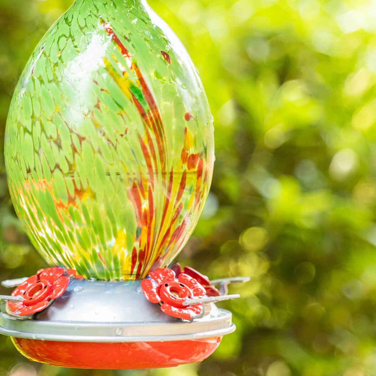 Muse Garden Hand Blown Glass Hummingbird Feeder, 32 Ounces, Green Floral