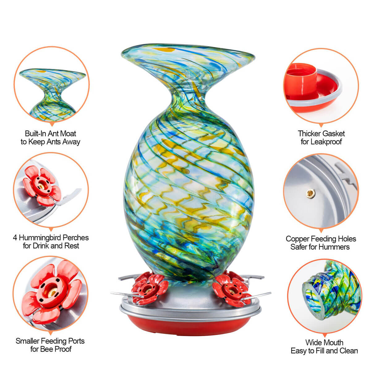 Muse Garden Hand Blown Glass Hummingbird Feeder, 32 Ounces, Beach Mermaid