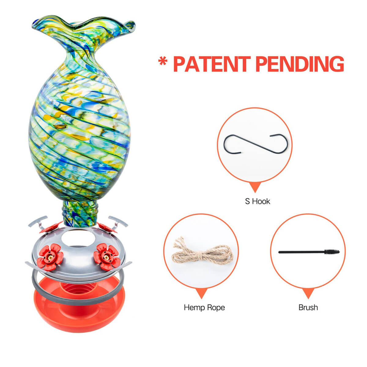 Muse Garden Hand Blown Glass Hummingbird Feeder, 32 Ounces, Beach