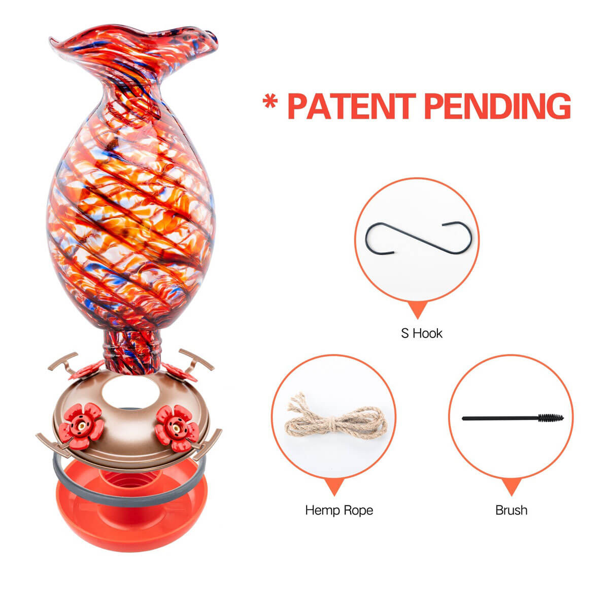 Muse Garden Hand Blown Glass Hummingbird Feeder, 32 Ounces, Retro