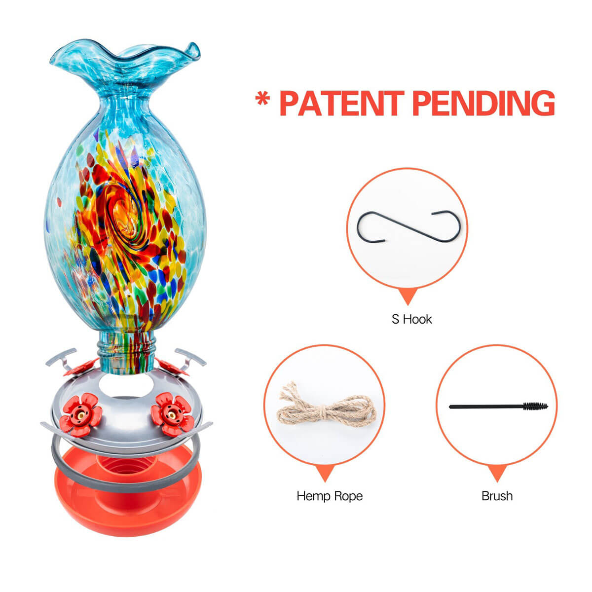 Muse Garden Hand Blown Glass Hummingbird Feeder, 32 Ounces, Blue Swirl