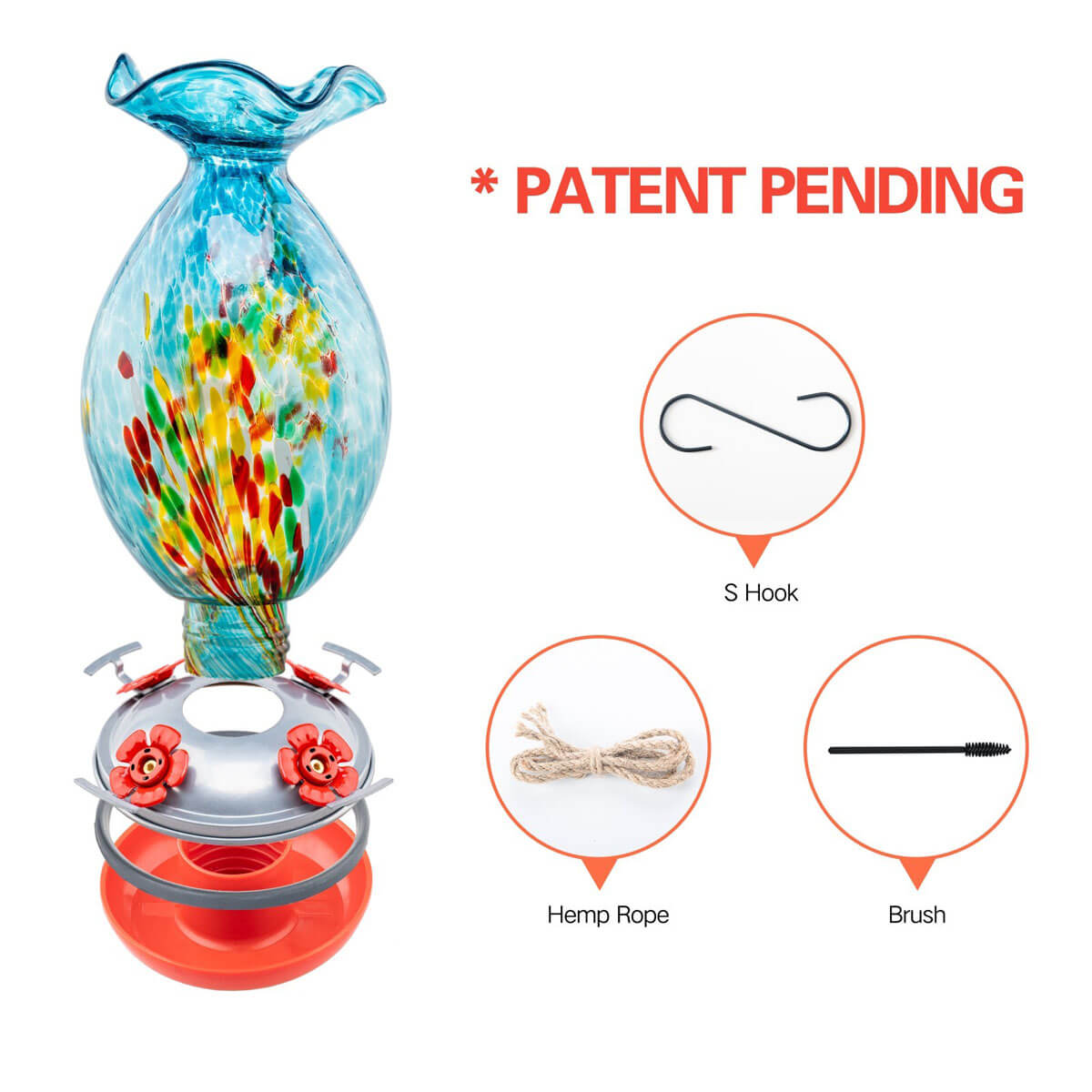 Muse Garden Hand Blown Glass Hummingbird Feeder, 32 Ounces, Blue Fireworks