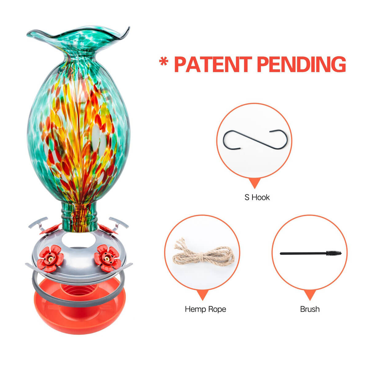 Muse Garden Hand Blown Glass Hummingbird Feeder, 32 Ounces, Emerald Peacock