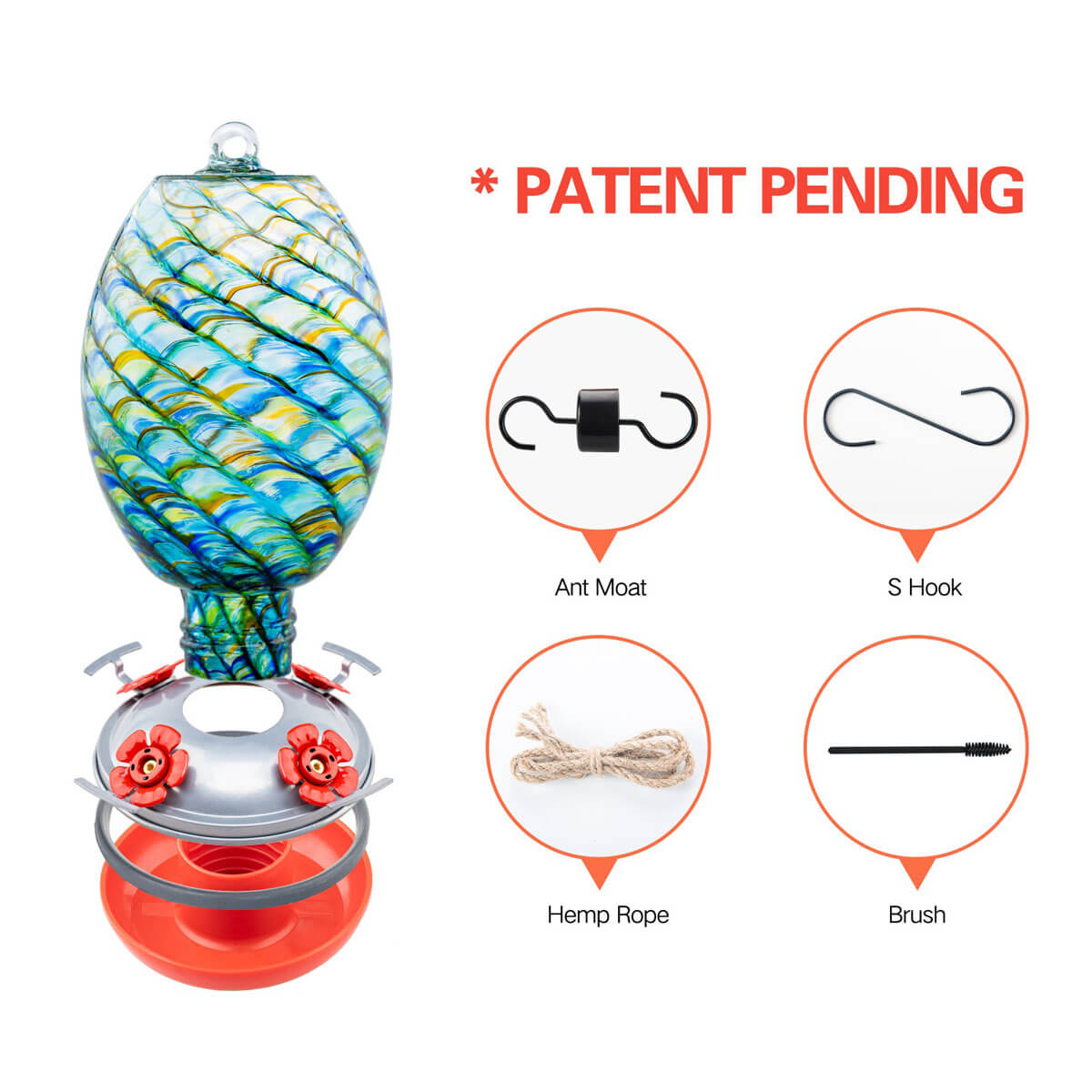 Muse Garden Hand Blown Glass Hummingbird Feeder, 27 Ounces, Unique Gift for Mom Women, Outdoors Hanging Garden Decor, Includes Ant Moat & Brush, Beach Mermaid