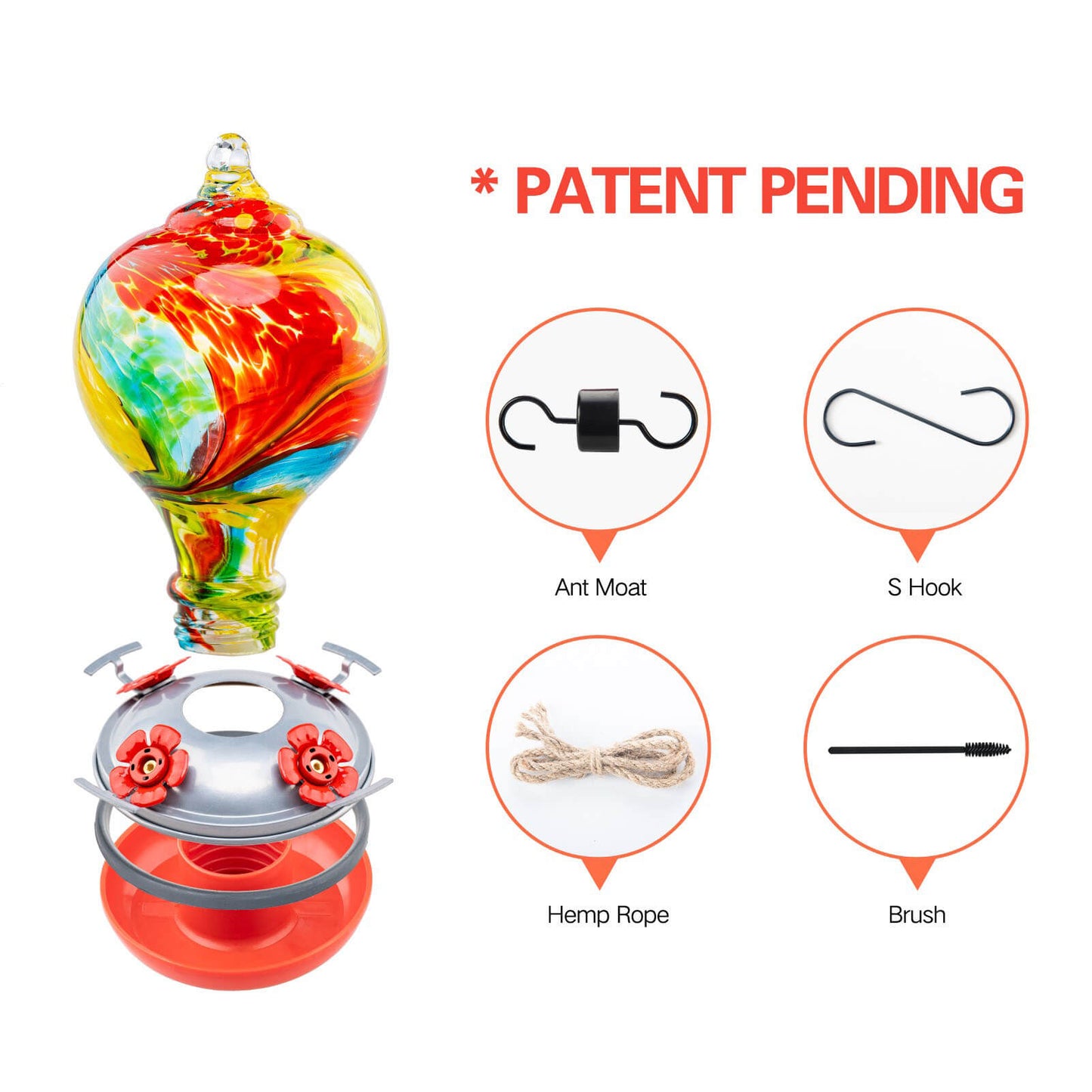 Muse Garden Hand Blown Glass Hummingbird Feeder - 32 Ounces - Carnival