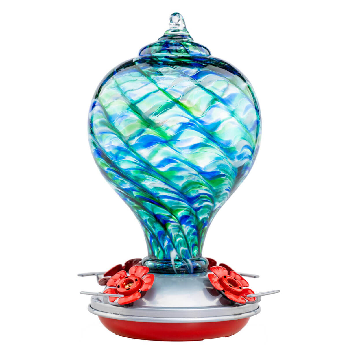 Muse Garden Hand Blown Glass Hummingbird Feeder, 32 Ounces, Blue Moonstone