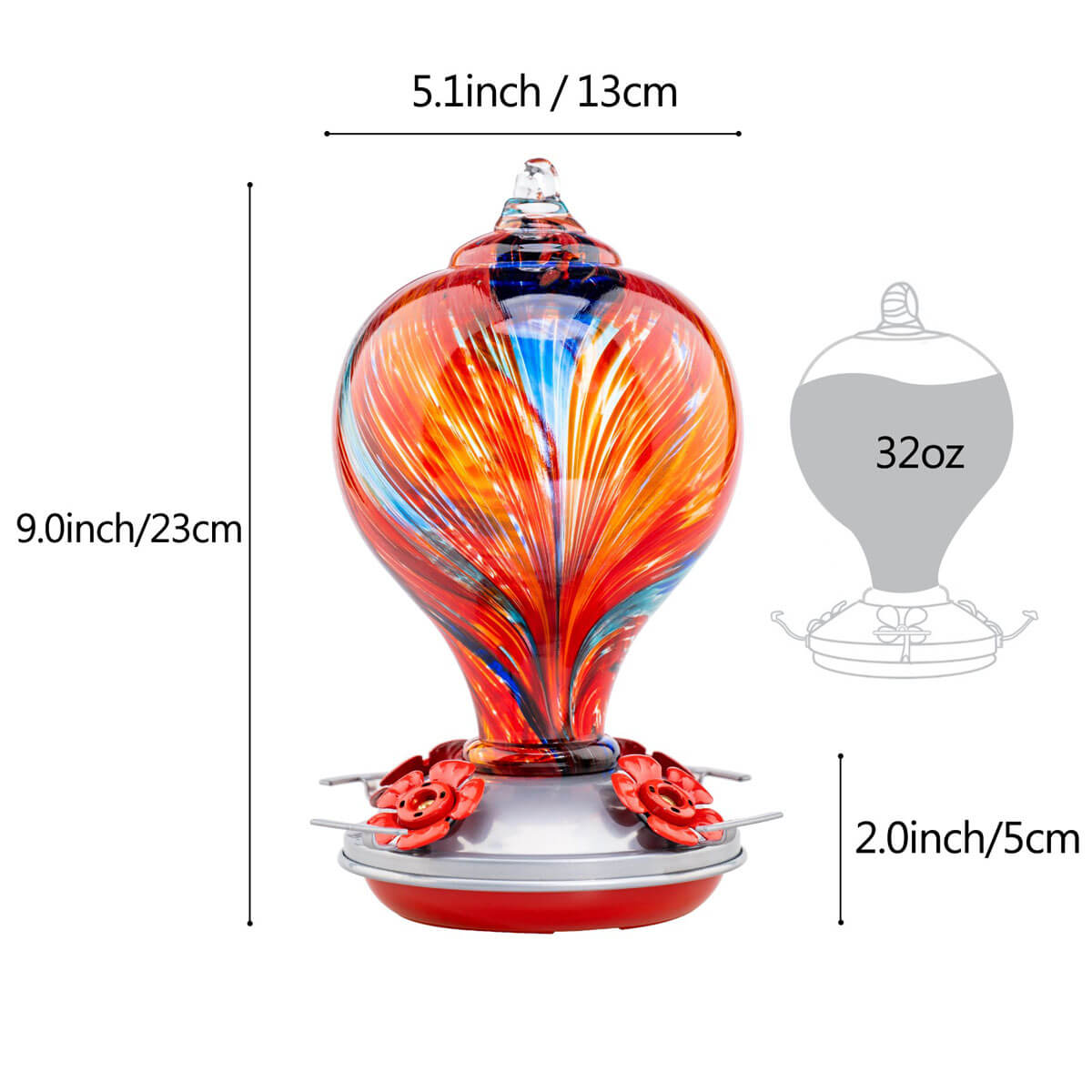 Muse Garden Hand Blown Glass Hummingbird Feeder, 32 Ounces, Mexican Stripes