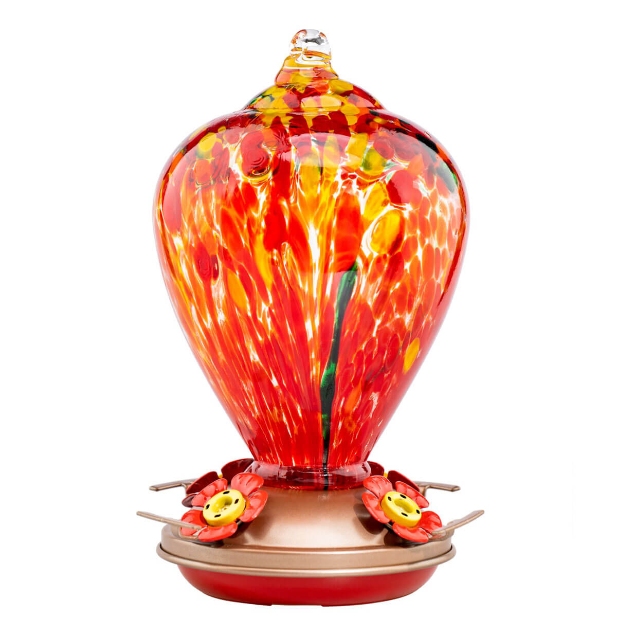 Muse Garden Hand Blown Glass Hummingbird Feeder, 34 Ounces, Red Fireworks