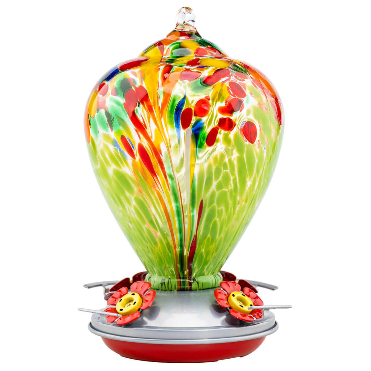 Muse Garden Hand Blown Glass Hummingbird Feeder, 34 Ounces, Green Fireworks