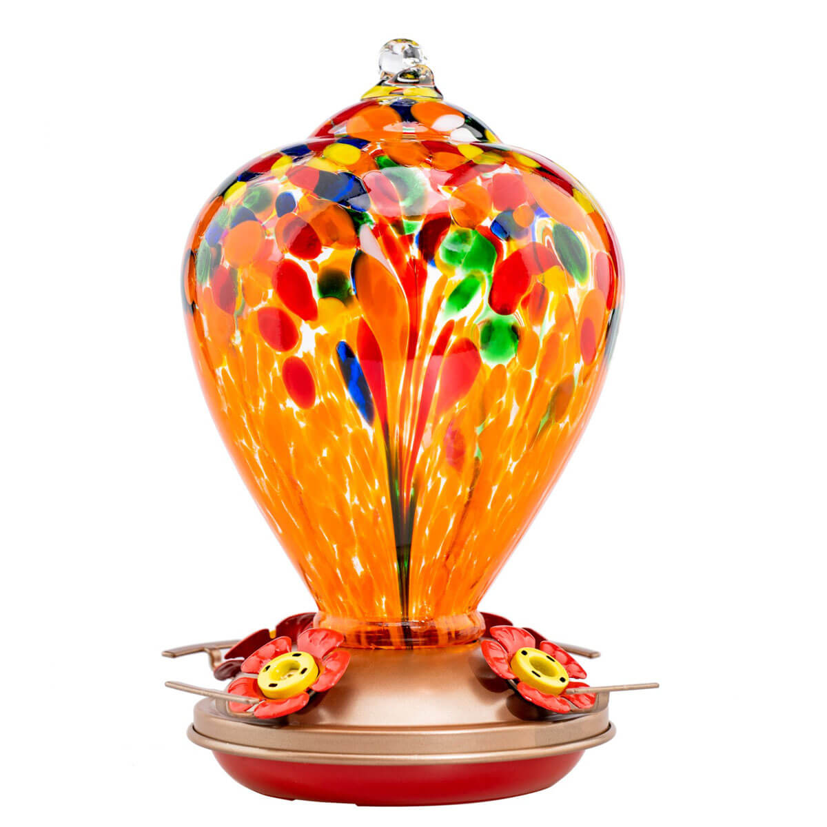 Muse Garden Hand Blown Glass Hummingbird Feeder, 34 Ounces, Orange Fireworks