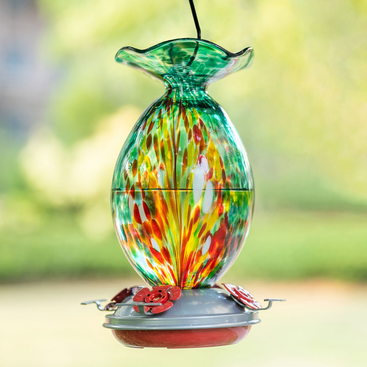Muse Garden Hand Blown Glass Hummingbird Feeder, 32 Ounces, Emerald Peacock