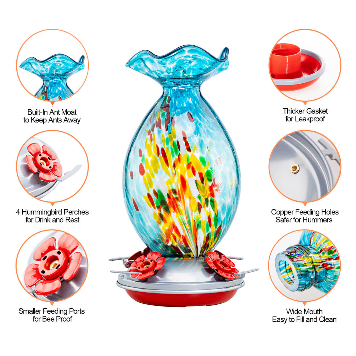 Muse Garden Hand Blown Glass Hummingbird Feeder, 32 Ounces, Blue Fireworks