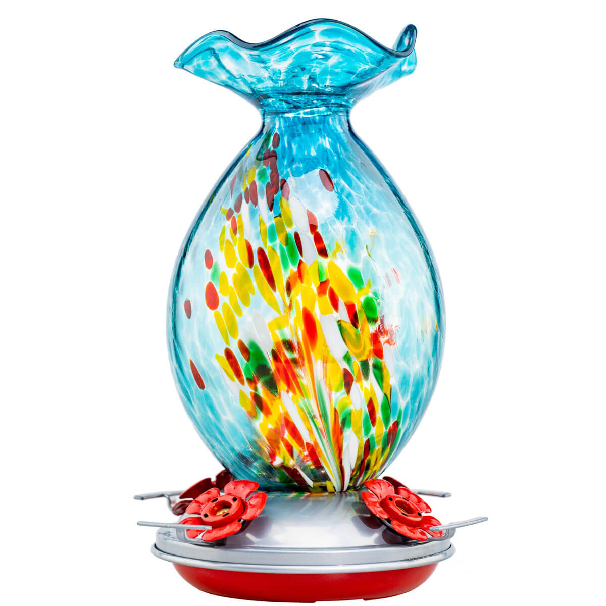 Muse Garden Hand Blown Glass Hummingbird Feeder, 32 Ounces, Blue Fireworks