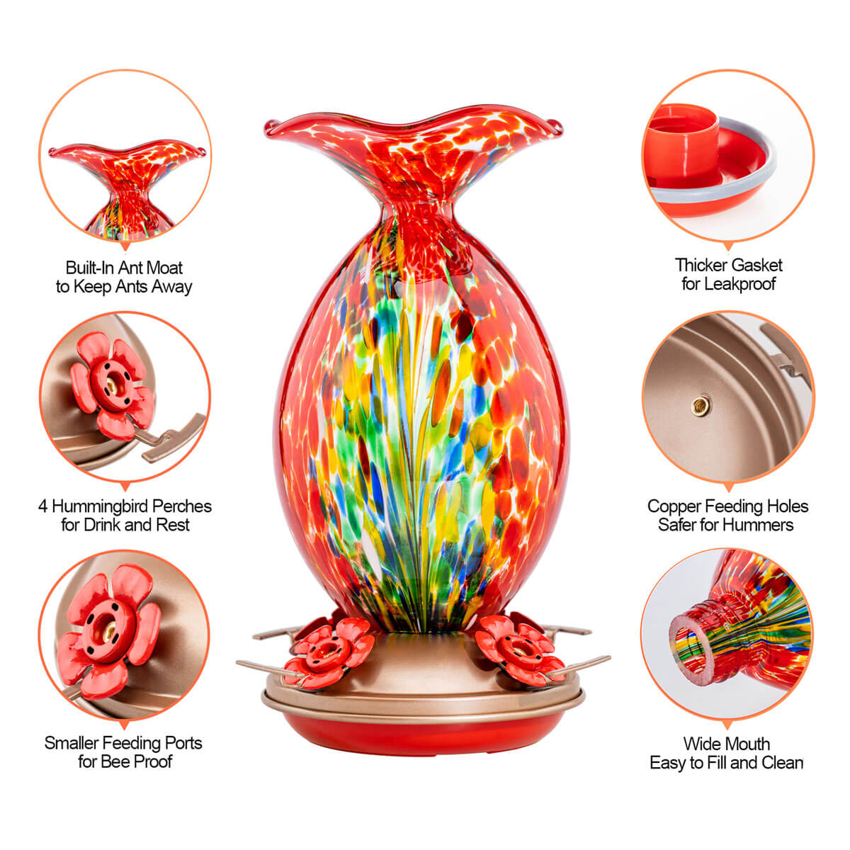 Muse Garden Hand Blown Glass Hummingbird Feeder, 32 Ounces, Red Phoenix