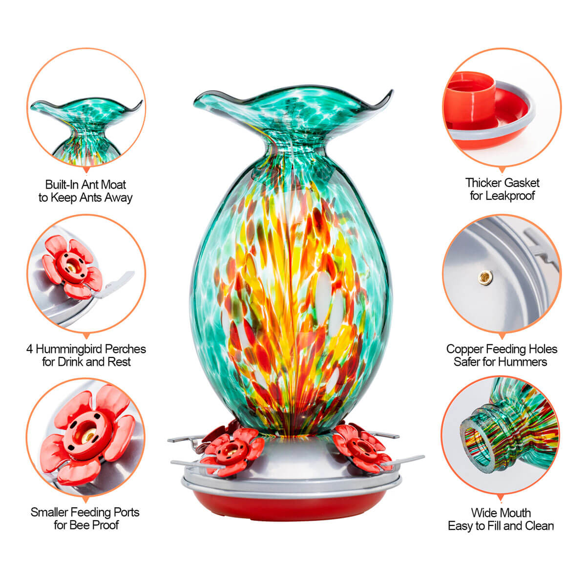 Muse Garden Hand Blown Glass Hummingbird Feeder, 32 Ounces, Emerald Peacock