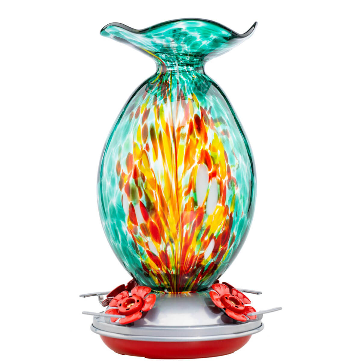 Muse Garden Hand Blown Glass Hummingbird Feeder, 32 Ounces, Emerald Peacock