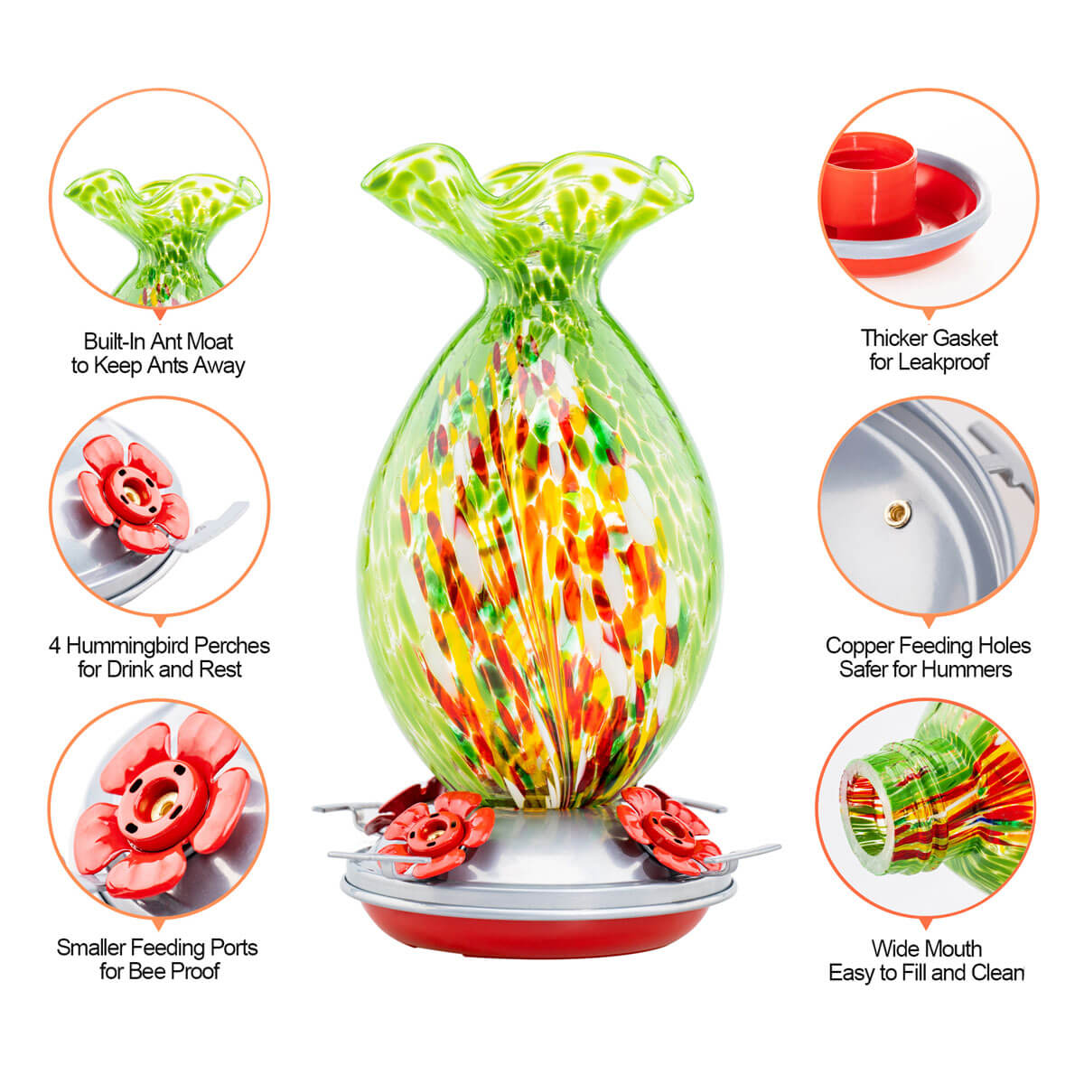 Muse Garden Hand Blown Glass Hummingbird Feeder, 32 Ounces, Green Floral