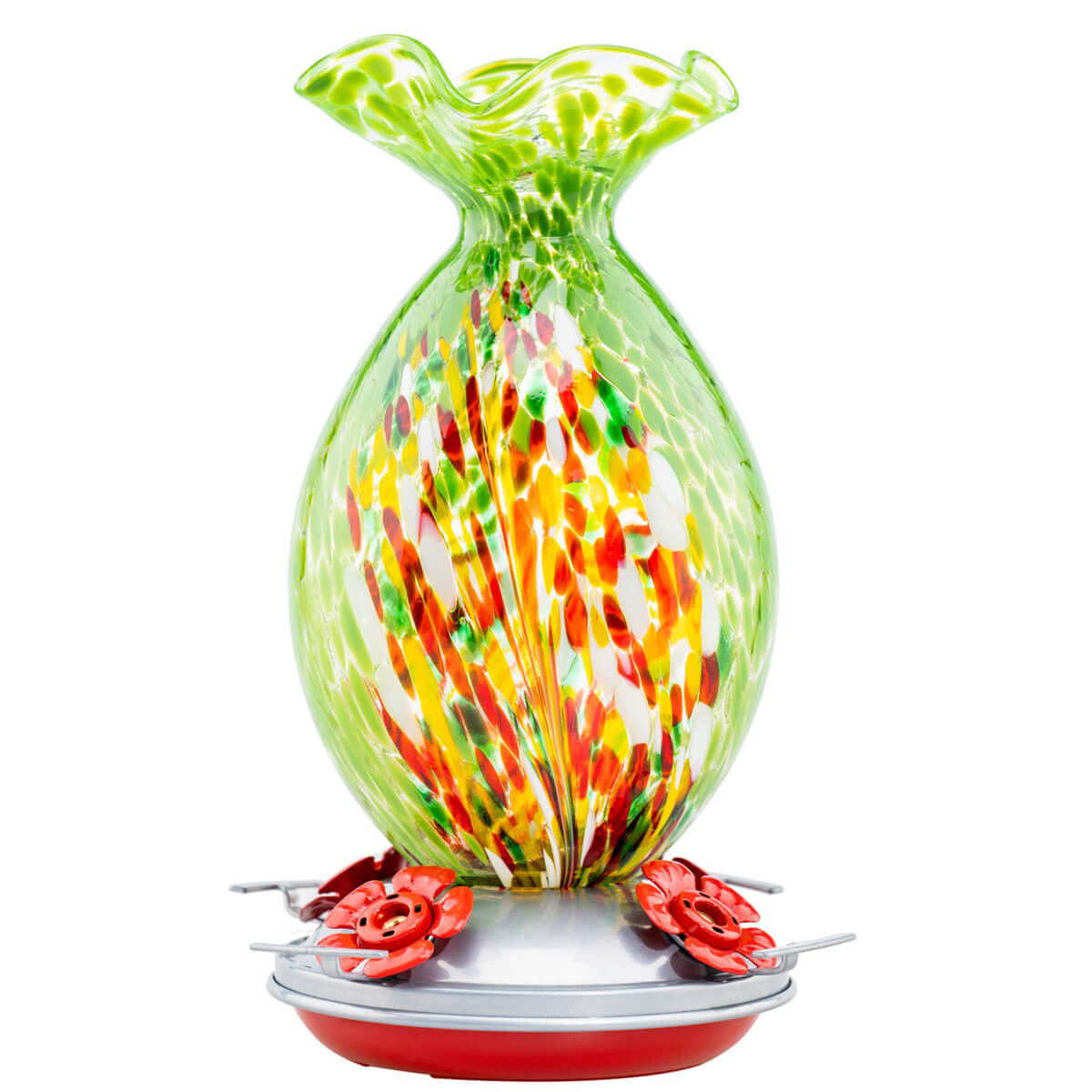 Muse Garden Hand Blown Glass Hummingbird Feeder, 32 Ounces, Green Floral