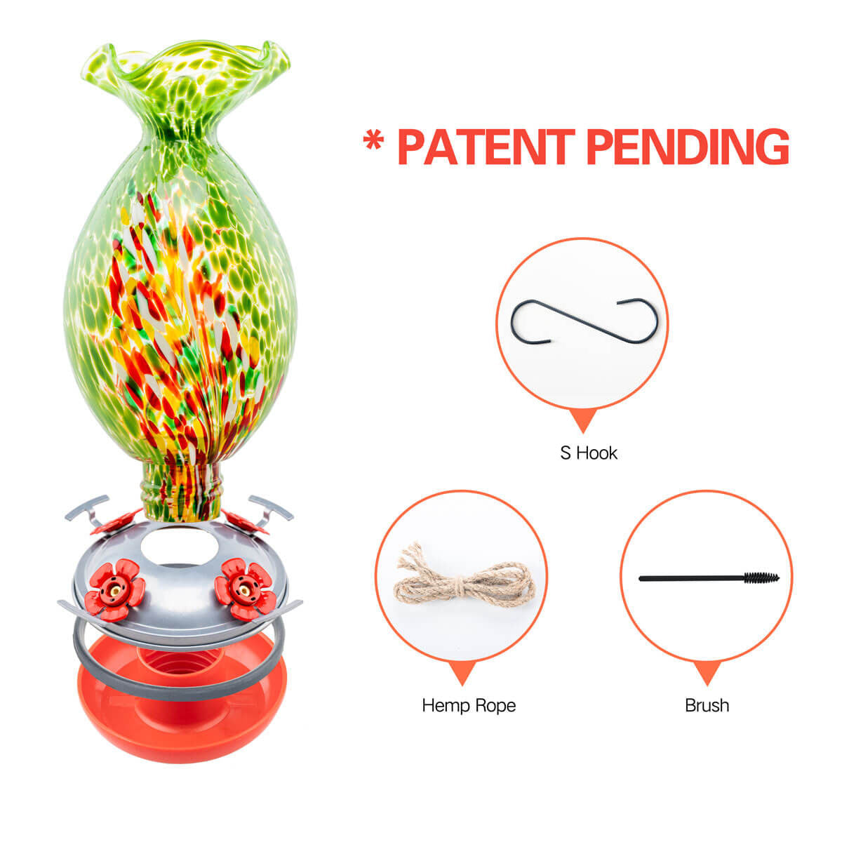 Muse Garden Hand Blown Glass Hummingbird Feeder, 32 Ounces, Green Floral