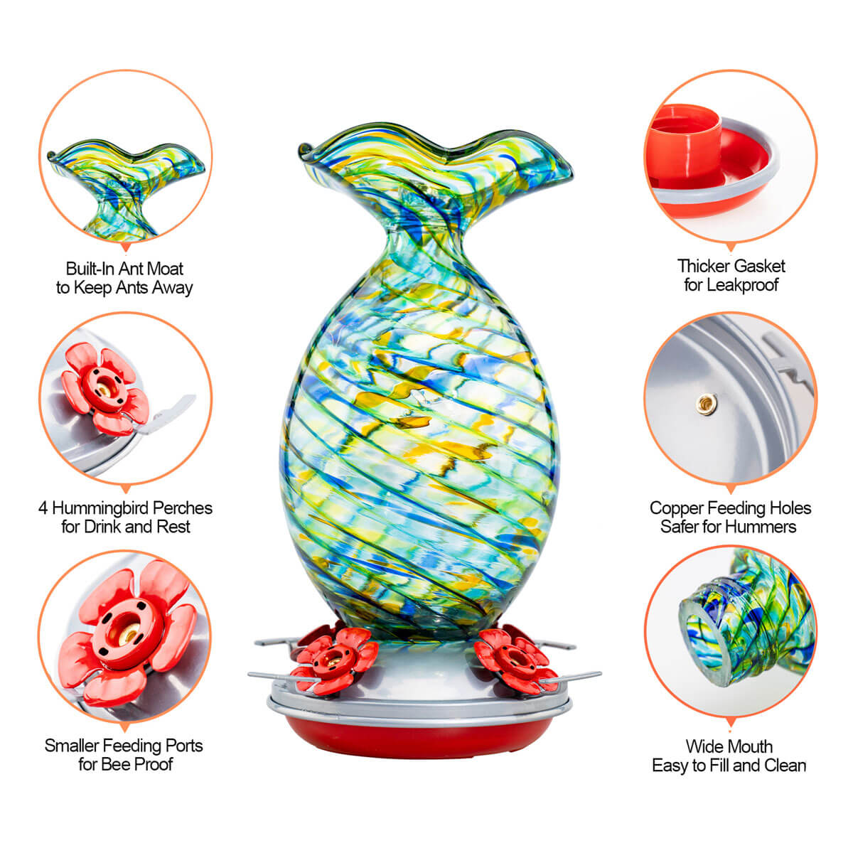 Muse Garden Hand Blown Glass Hummingbird Feeder, 32 Ounces, Beach