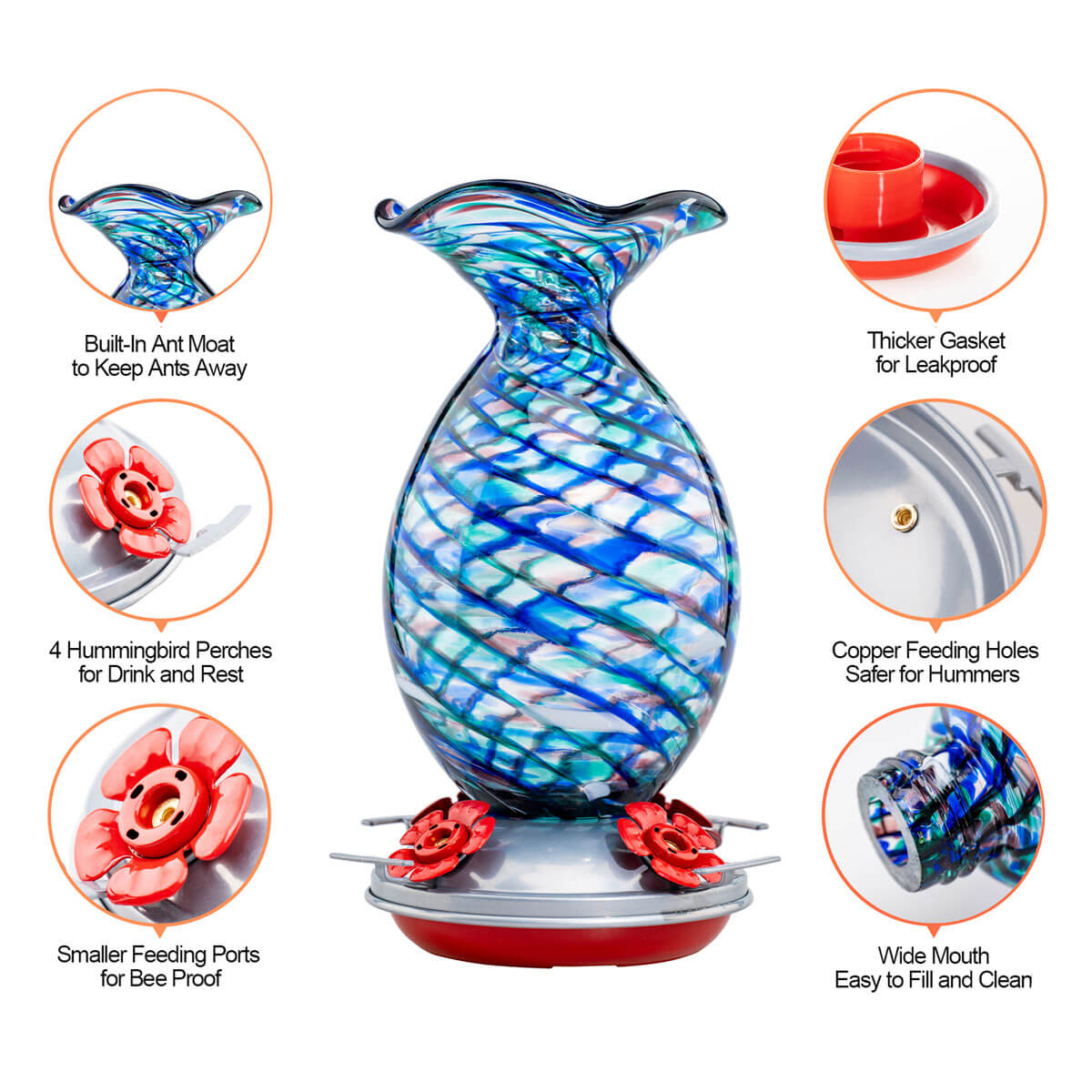 Muse Garden Hand Blown Glass Hummingbird Feeder, 32 Ounces, Royal