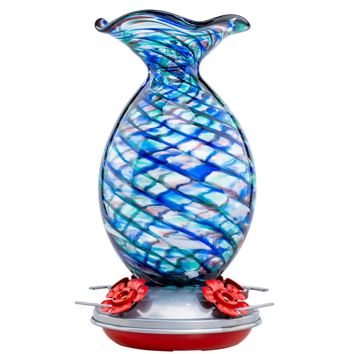 Muse Garden Hand Blown Glass Hummingbird Feeder, 32 Ounces, Royal