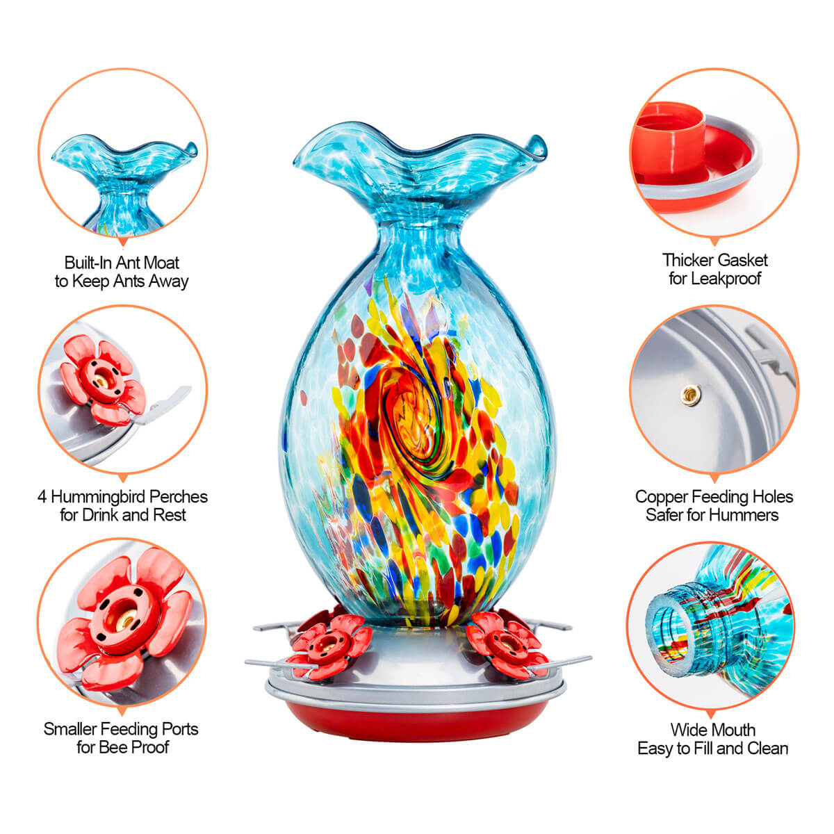 Muse Garden Hand Blown Glass Hummingbird Feeder, 32 Ounces, Blue Swirl