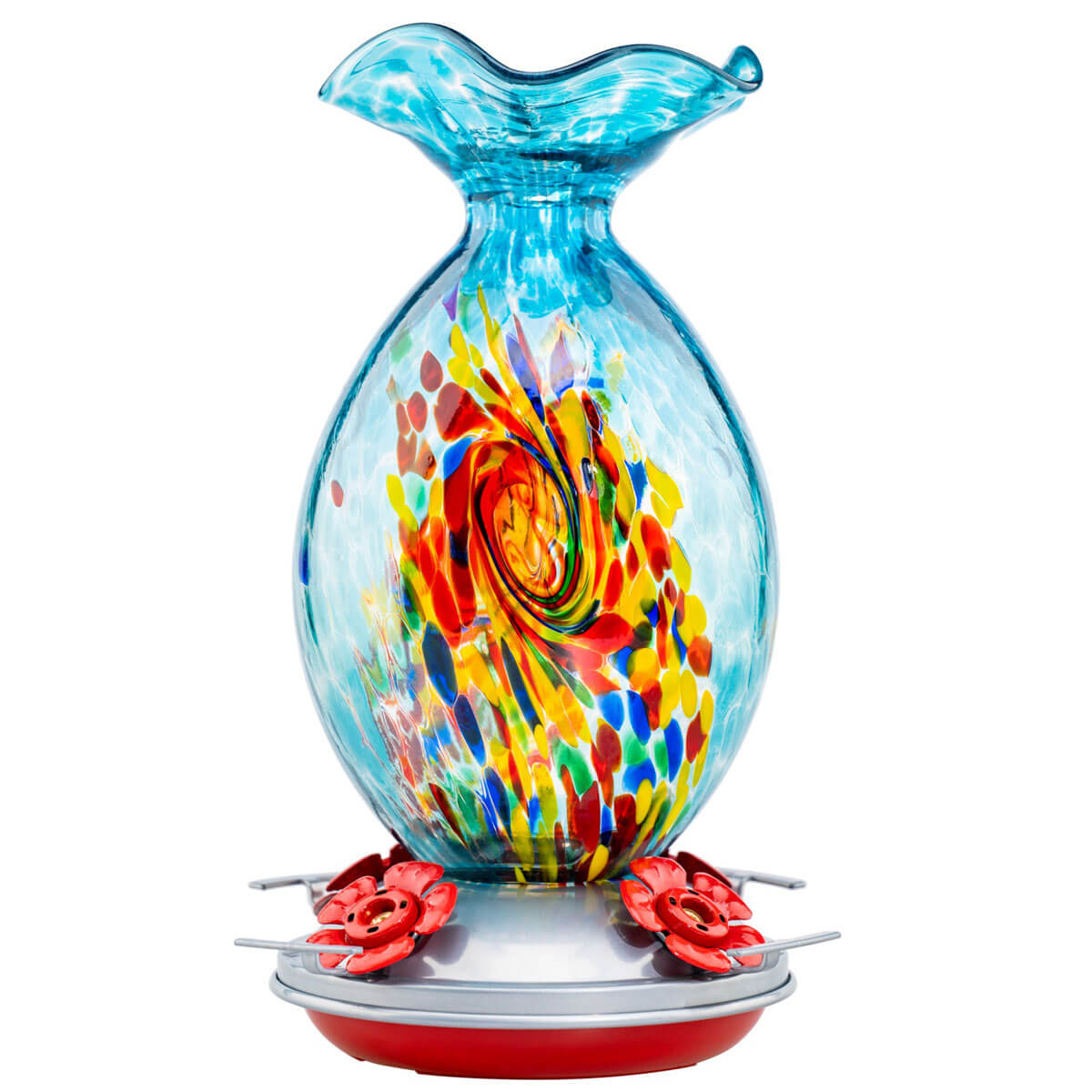 Muse Garden Hand Blown Glass Hummingbird Feeder, 32 Ounces, Blue Swirl