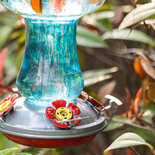Muse Garden Hand Blown Glass Hummingbird Feeder, 28 Ounces, Tropical Islands