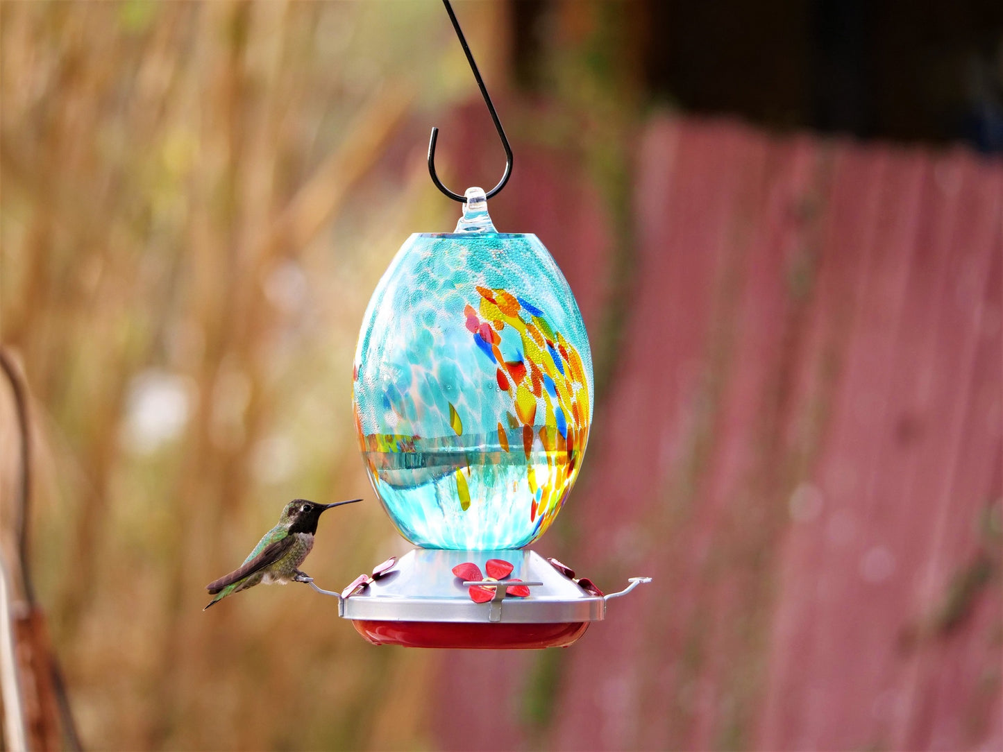 Muse Garden Hand Blown Glass Hummingbird Feeder - 27 Ounces - Fireworks