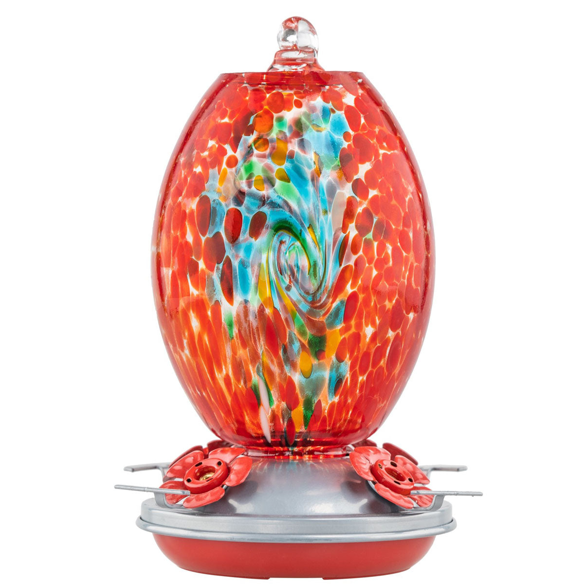 Muse Garden Hand Blown Glass Hummingbird Feeder, 27 Ounces, Unique Gift for Mom Women, Outdoors Hanging Garden Decor, Includes Ant Moat & Brush, Red Swirl