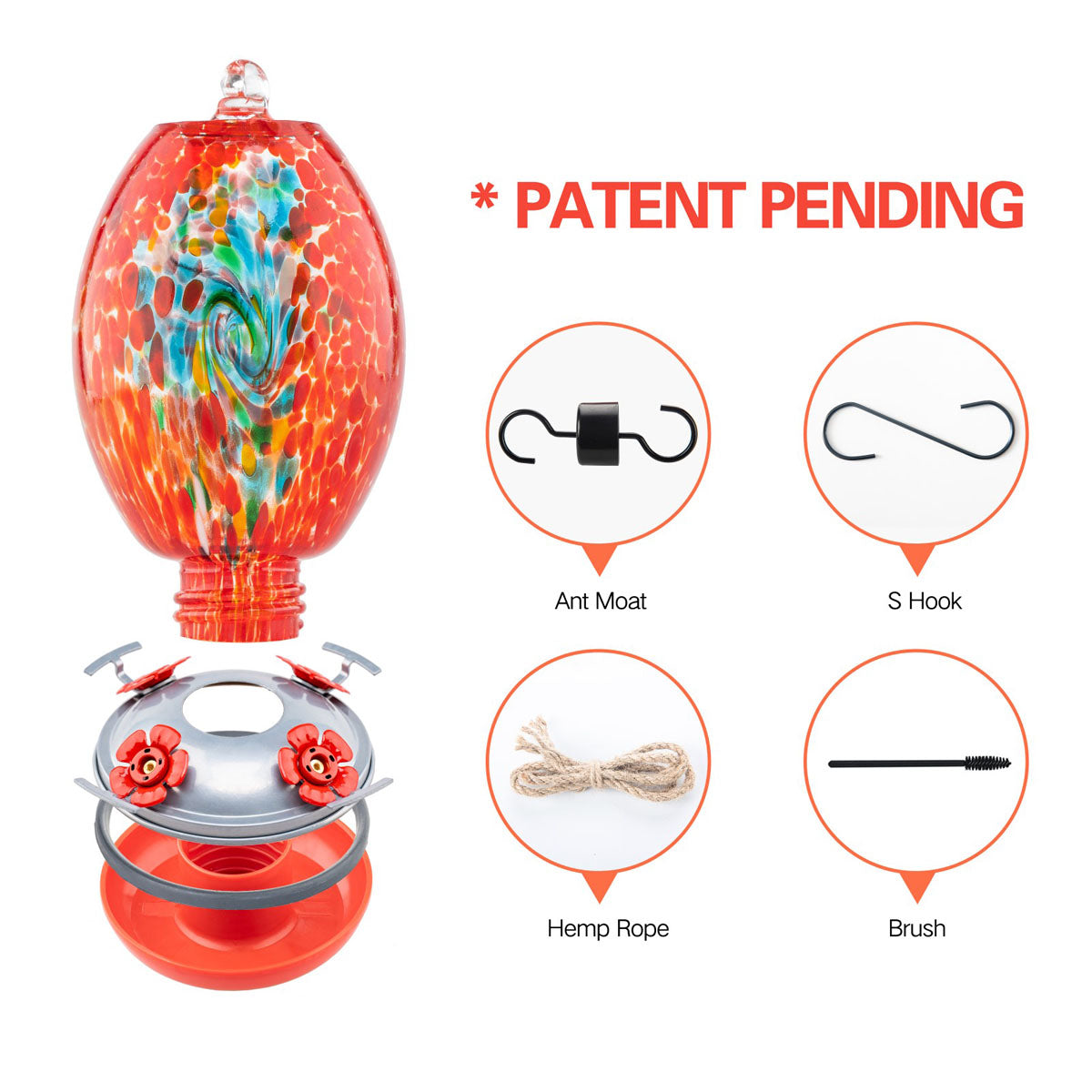 Muse Garden Hand Blown Glass Hummingbird Feeder, 27 Ounces, Unique Gift for Mom Women, Outdoors Hanging Garden Decor, Includes Ant Moat & Brush, Red Swirl