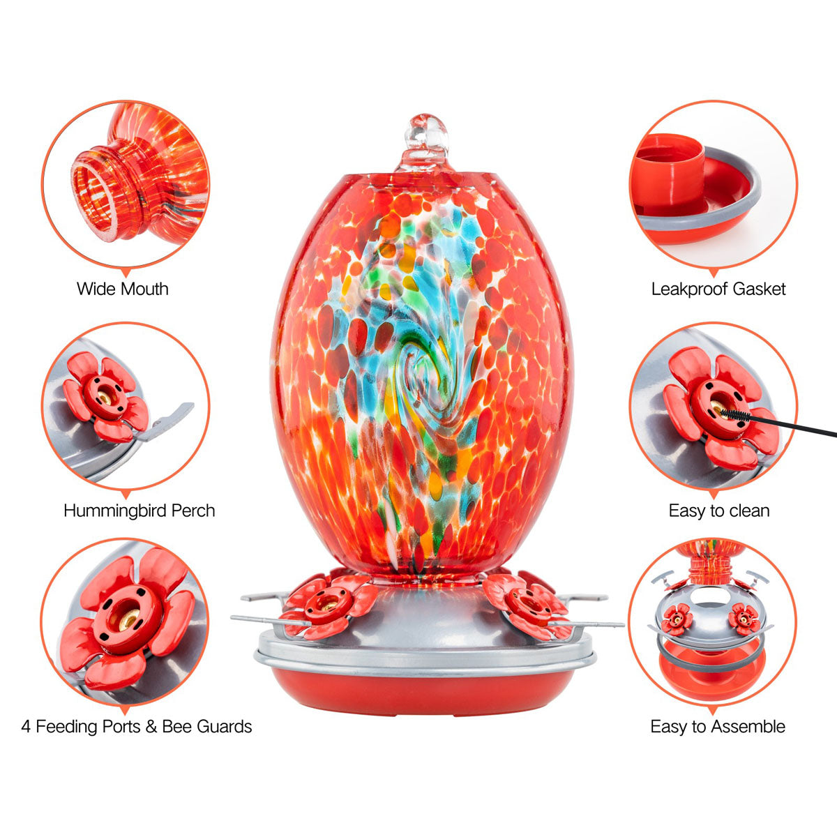 Muse Garden Hand Blown Glass Hummingbird Feeder, 27 Ounces, Unique Gift for Mom Women, Outdoors Hanging Garden Decor, Includes Ant Moat & Brush, Red Swirl