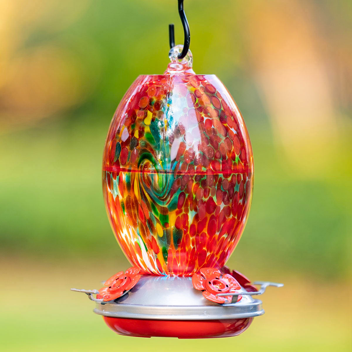 Muse Garden Hand Blown Glass Hummingbird Feeder, 27 Ounces, Unique Gift for Mom Women, Outdoors Hanging Garden Decor, Includes Ant Moat & Brush, Red Swirl